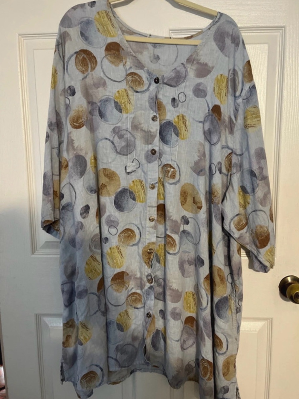 Women's Button-Front Linen Tunic dress/shirt in Light Blue with Mustard print
